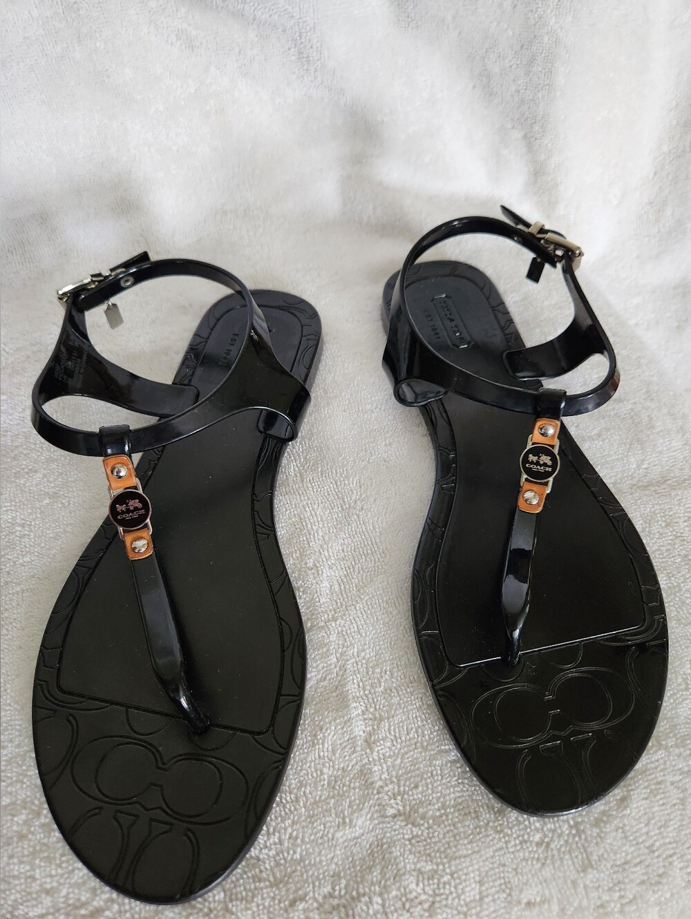Coach Black T-Strap Sandals with Silver Tone Logo Accents